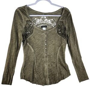 Venus Moss Green Crochet Lace Henley Top Long Sleeve Cotton Slub Y64582 Small